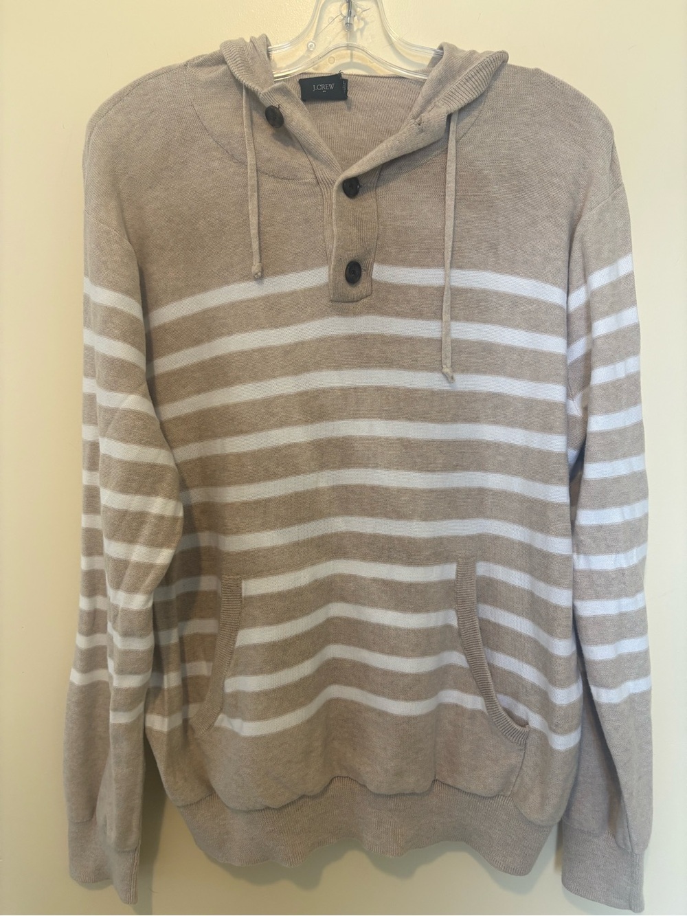J Crew Men's Beige & White Striped Hooded Kangaroo pocket Sweater Size L